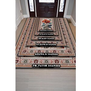 Homshtag Art Deco Gelincik Vintage Halı Görünümlü Dijital Baskı Renkli Halı Rustik Çiçekli Halı