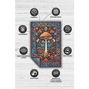 Homshtag Art Deco Mantar Vintage Halı Görünümlü Dijital Baskı Renkli Halı Rustik Çiçekli Halı