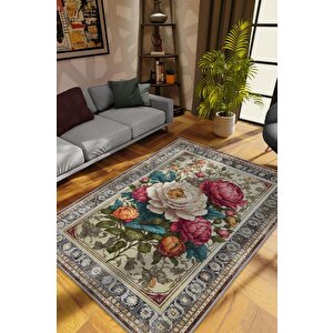Art Deco Şakayık Çiçeği Vintage Halı Görünümlü Dijital Baskı Renkli Halı Rustik Çiçek Halı 80x120 cm