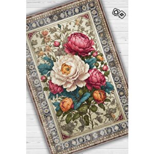 Art Deco Şakayık Çiçeği Vintage Halı Görünümlü Dijital Baskı Renkli Halı Rustik Çiçek Halı 80x120 cm
