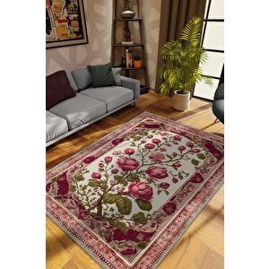 Homshtag Art Deco Erguvan Çiçeği Vintage Halı Görünümlü Dijital Baskı Pembe Halı,rustik Çiçekli Halı