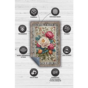 Homshtag Art Deco Şakayık Çiçeği Vintage Halı Görünümlü Dijital Baskı Renkli Halı Rustik Çiçek Halı
