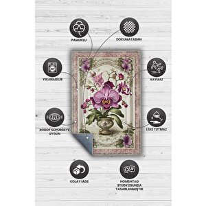 Homshtag Art Deco Orkide Çiçeği Vintage Halı Görünümlü Dijital Baskı Renkli Halı,rustik Çiçekli Halı
