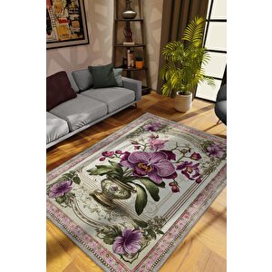 Art Deco Orkide Çiçeği Vintage Halı Görünümlü Dijital Baskı Renkli Halı,rustik Çiçekli Halı 100x150 cm