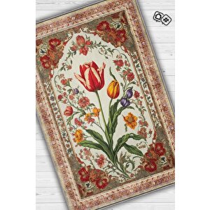 Art Deco Lale Çiçeği Vintage Halı Görünümlü Dijital Baskı Renkli Halı, Rustik Çiçekli Halı 80x120 cm