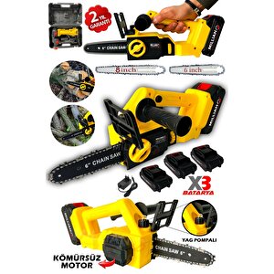Kömürsüz Motor Yağ Pompalı Dal Budama Testeresi ''3 Bataryalı'' Çift Pala Akülü Ağaç Kesme Makinesi