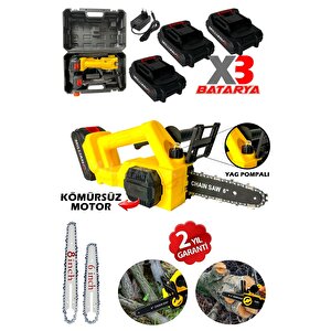 Kömürsüz Motor Yağ Pompalı Dal Budama Testeresi ''3 Bataryalı'' Çift Pala Akülü Ağaç Kesme Makinesi