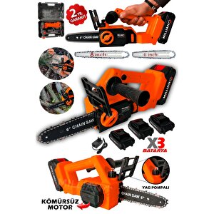 Kömürsüz Motor Yağ Pompalı Dal Budama Testeresi ''3 Bataryalı'' Çift Pala Akülü Ağaç Kesme Makinesi
