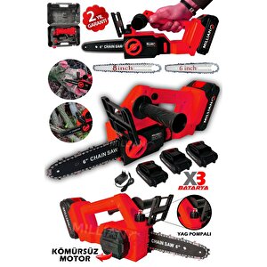 Kömürsüz Motor Yağ Pompalı Dal Budama Testeresi ''3 Bataryalı'' Çift Pala Akülü Ağaç Kesme Makinesi