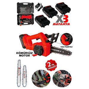 Kömürsüz Motor Yağ Pompalı Dal Budama Testeresi ''3 Bataryalı'' Çift Pala Akülü Ağaç Kesme Makinesi