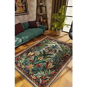 Art Deco Botanik Orman Vintage Halı Görünümlü Dijital Baskı Yeşil Renk Rustik Çiçekli Halı 120x180 cm