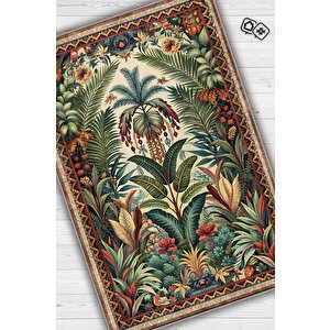 Art Deco Botanik Orman Vintage Halı Görünümlü Dijital Baskı Yeşil Renk Rustik Çiçekli Halı 120x180 cm