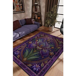 Art Deco Süsen Çiçeği Halısı Bitki Temalı Soft Mor Renk Etnik Dijital Baskılı Çiçekli Halı 80x120 cm