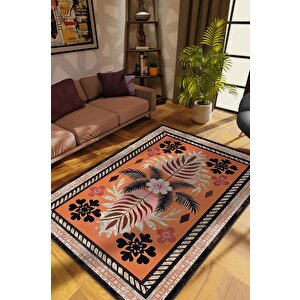 Art Deco Bitki Temalı Turuncu Siyah Etnik Desenli Halı Dijital Baskı Rustik Çiçekli Halı 80x120 cm