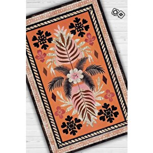 Art Deco Bitki Temalı Turuncu Siyah Etnik Desenli Halı Dijital Baskı Rustik Çiçekli Halı 80x120 cm