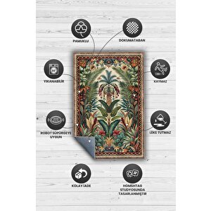 Homshtag Art Deco Botanik Orman Vintage Halı Görünümlü Dijital Baskı Yeşil Renk Rustik Çiçekli Halı