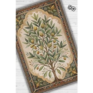 Art Deco Zeytin Ağacı Halısı Bitki Temalı Soft Yeşil Renk Etnik Dijital Baskı Çiçekli Halı 80x120 cm
