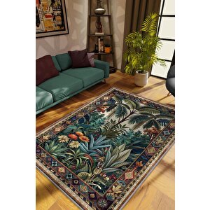 Art Deco Tropikal Orman Vintage Halı Görünümlü Dijital Baskı Yeşil Renk Rustik Çiçekli Halı 100x150 cm