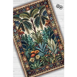 Art Deco Tropikal Orman Vintage Halı Görünümlü Dijital Baskı Yeşil Renk Rustik Çiçekli Halı 100x150 cm