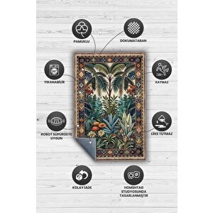 Homshtag Art Deco Tropikal Orman Vintage Halı Görünümlü Dijital Baskı Yeşil Renk Rustik Çiçekli Halı