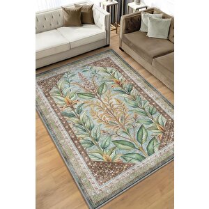 Art Deco Ada Çayı Bitki Temalı Soft Yeşil Renkli Etnik Desenli Dijital Baskılı Çiçekli Halı 120x180 cm