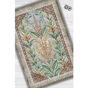 Art Deco Ada Çayı Bitki Temalı Soft Yeşil Renkli Etnik Desenli Dijital Baskılı Çiçekli Halı 120x180 cm