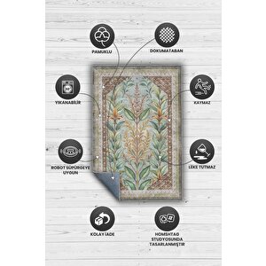 Homshtag Art Deco Ada Çayı Bitki Temalı Soft Yeşil Renkli Etnik Desenli Dijital Baskılı Çiçekli Halı