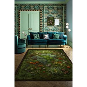 Art Deco Yosun Halısı Bitki Temalı Soft Yeşil Renkli Etnik Dijital Baskılı Çiçekli Halı 80x120 cm