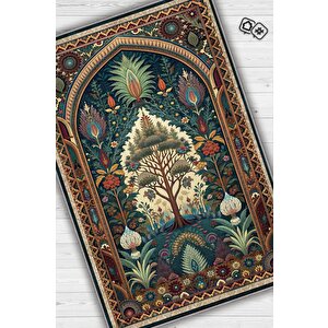 Art Deco Etnik Bitki Vintage Halı Görünümlü Dijital Baskı Yeşil Renk Rustik Çiçekli Halı 80x120 cm