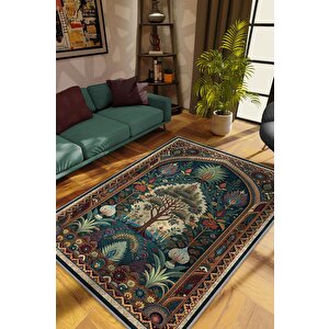 Homshtag Art Deco Etnik Bitki Vintage Halı Görünümlü Dijital Baskı Yeşil Renk Rustik Çiçekli Halı