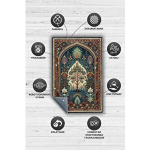 Homshtag Art Deco Etnik Bitki Vintage Halı Görünümlü Dijital Baskı Yeşil Renk Rustik Çiçekli Halı