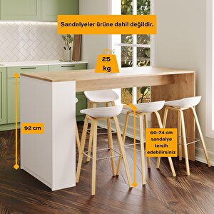 Edgar L4810 Mutfak Adası Bar Masası 160 Cm Ahşap Üst Beyaz Alt Çok Amaçlı Depolamalı Oturmalı Masa