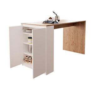 Edgar L4810 Mutfak Adası Bar Masası 160 Cm Ahşap Üst Beyaz Alt Çok Amaçlı Depolamalı Oturmalı Masa