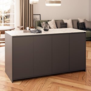 Diego L4630 Mutfak Adası 160 Cm Carrara Mermer Antrasit Bar Masası Çok Amaçlı Kapaklı Depolamalı Dolap