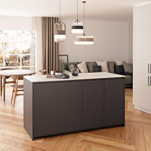 Diego L4630 Mutfak Adası 160 Cm Carrara Mermer Antrasit Bar Masası Çok Amaçlı Kapaklı Depolamalı Dolap