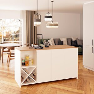 Bimossa Gustav L4710 Mutfak Adası 160 Cm – Beyaz Ahşap Üst, Şaraplık, Bar Masası Çok Amaçlı Depolamalı Dolap