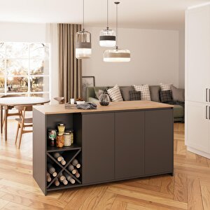 Bimossa Gustav L4720 Mutfak Adası 160 Cm – Antrasit Ahşap Üst Bar Masası, Çok Amaçlı, Depolamalı Açık Raflı Dolap
