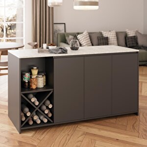 Gustav L4730 Mutfak Adası 160 Cm – Carrara Mermer Antrasit, Şaraplık, Bar Masası, Çok Amaçlı Depolamalı Dolap
