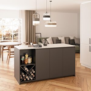 Bimossa Gustav L4730 Mutfak Adası 160 Cm – Carrara Mermer Antrasit, Şaraplık, Bar Masası, Çok Amaçlı Depolamalı Dolap