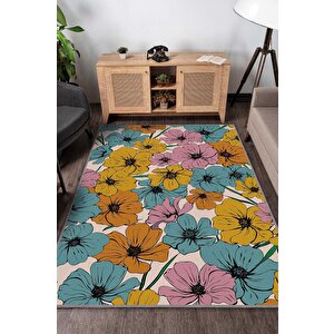Bir Kez Yaşıyorsun Çiçek Desenli Salon Halısı Bej Renkli Oturma Odası Halısı Dekoratif Halı 80x120 cm