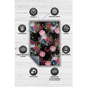 Homshtag Mutlu Çiçek Desenli Salon Halısı Siyah Renkli Oturma Odası Halısı Çiçek Desenli Modern Halı