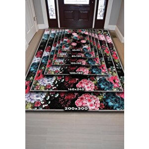 Homshtag Mutlu Çiçek Desenli Salon Halısı Siyah Renkli Oturma Odası Halısı Çiçek Desenli Modern Halı