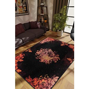 Gülümsemek En İyi İlaç Çiçek Desenli Salon Halısı Siyah Renkli Oturma Odası Halısı 80x120 cm