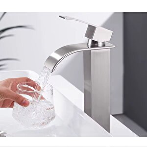 İnox Çanak Lavabo Bataryasi Oval Çikiş Yüksek Havza Model Uzun Çi̇ft Gi̇ri̇ş Musluk Banyo Mat Gri̇