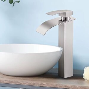İnox Çanak Lavabo Bataryasi Oval Çikiş Yüksek Havza Model Uzun Çi̇ft Gi̇ri̇ş Musluk Banyo Mat Gri̇