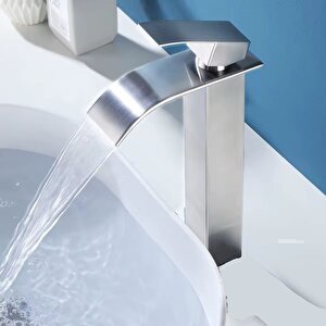 İnox Çanak Lavabo Bataryasi Oval Çikiş Yüksek Havza Model Uzun Çi̇ft Gi̇ri̇ş Musluk Banyo Mat Gri̇