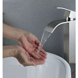 İnox Çanak Lavabo Bataryasi Oval Çikiş Yüksek Havza Model Uzun Çi̇ft Gi̇ri̇ş Musluk Banyo Mat Gri̇