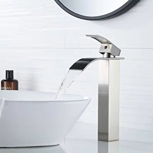 İnox Çanak Lavabo Bataryasi Oval Çikiş Yüksek Havza Model Uzun Çi̇ft Gi̇ri̇ş Musluk Banyo Mat Gri̇