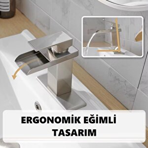 Lavabo Bataryasi Inox Şelale Kare Gövde Eği̇mli̇ Havza Banyo Armatür Çi̇ft Gi̇ri̇ş Lüks Ergonami̇k Mat Gri̇