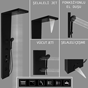 Venüs Siyah Premium Şelaleli Masajlı Duş Paneli - Dikey Jakuzi - Robot Duş - El Duşu